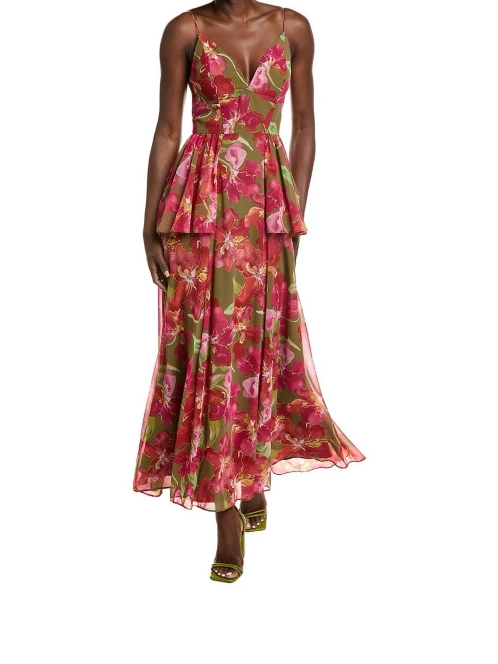Hutch Pricilla Spaghetti-Strap Peplum Maxi Dress - Olive & Fuchsia